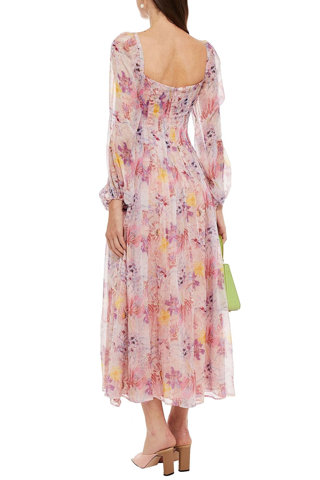 LEO LIN Pleated floral-print silk-chiffon midi dress