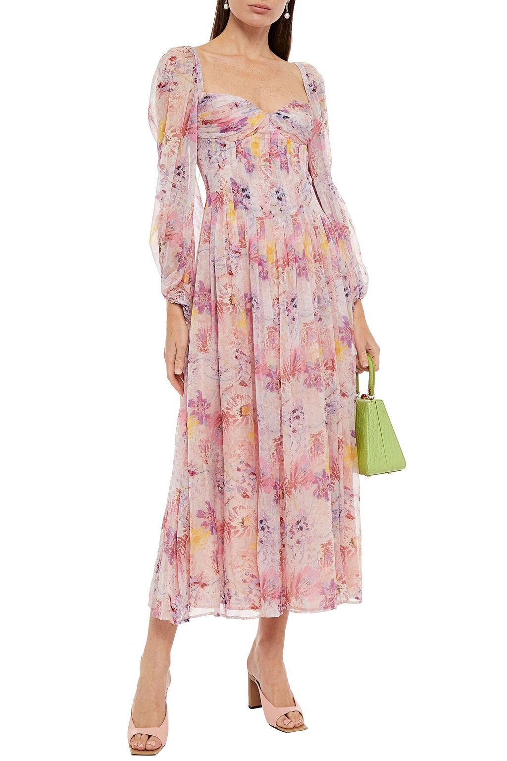 LEO LIN Pleated floral-print silk-chiffon midi dress
