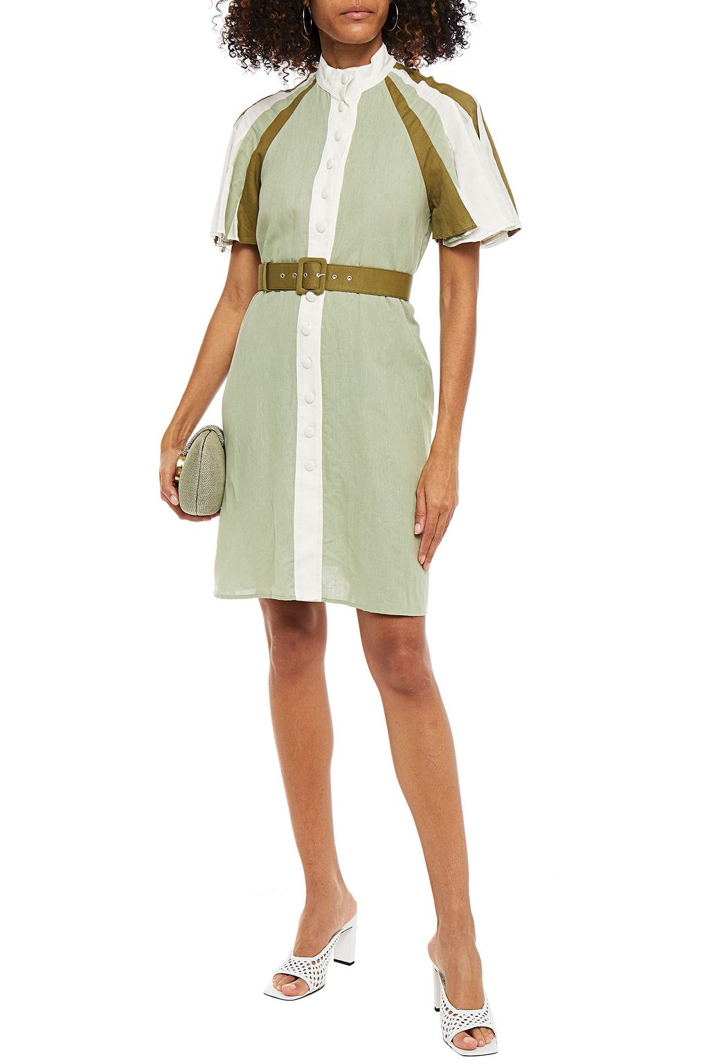 LEO LIN Belted striped linen and cotton-blend canvas and crepon mini shirt dress