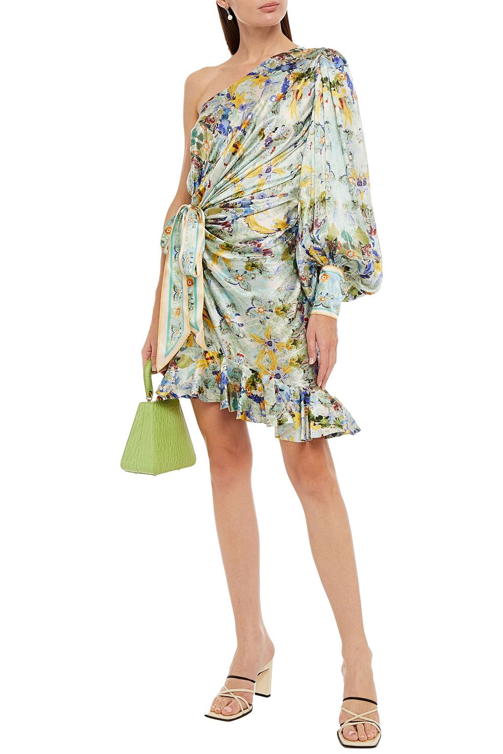 LEO LIN Verde one-shoulder twist-front floral-print silk-satin mini dress