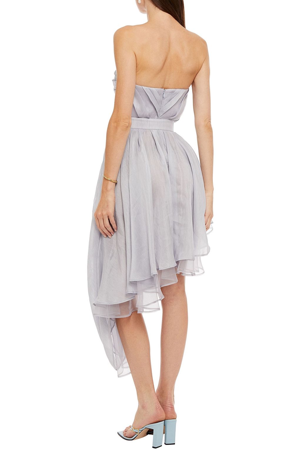 LEO LIN Strapless asymmetric belted linen and silk-blend organza mini dress