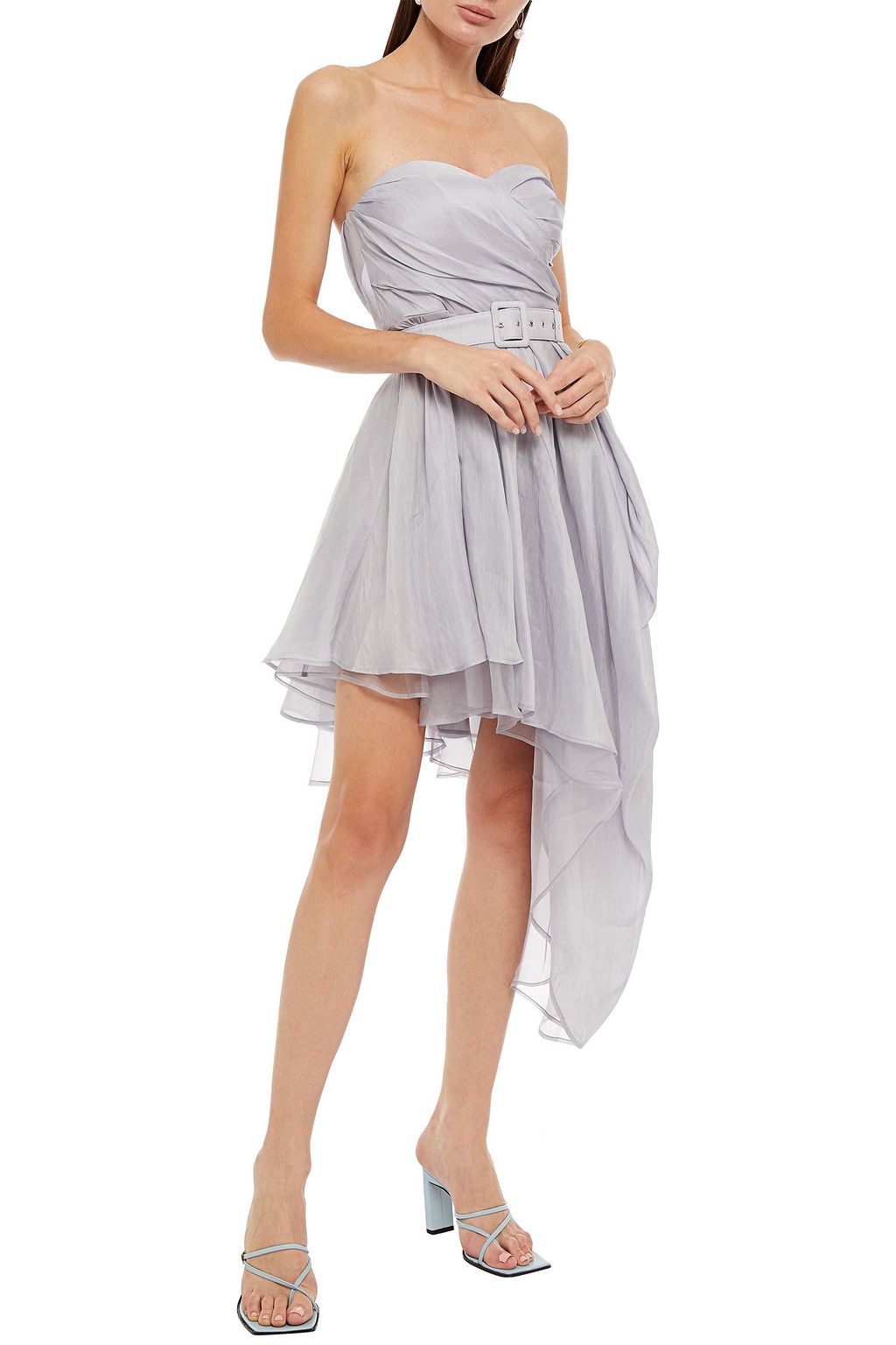 LEO LIN Strapless asymmetric belted linen and silk-blend organza mini dress
