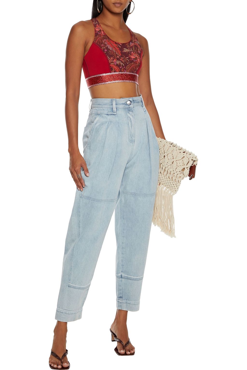 ETRO Cropped metallic-trimmed printed stretch-jersey top