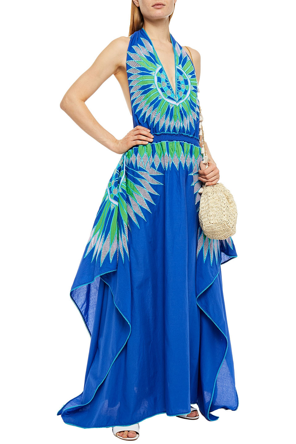 Emilio Pucci Embroidered Gathered Cotton Halterneck Maxi Dress In Blue