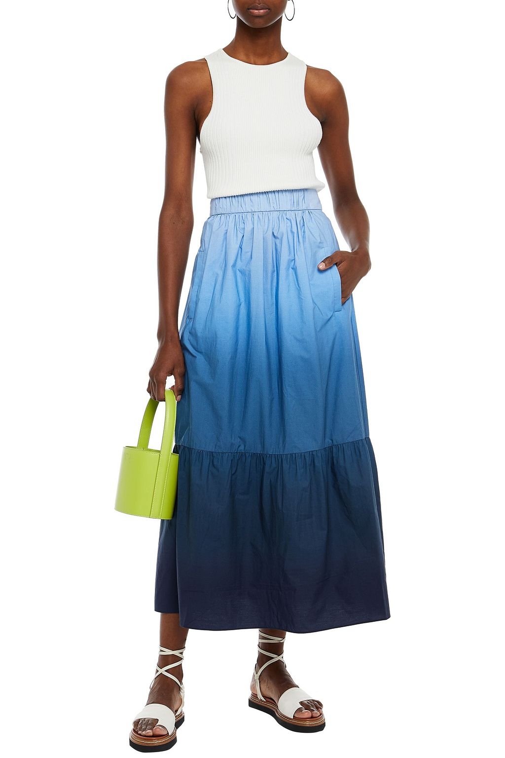 TIBI Gathered dégradé cotton-poplin midi skirt