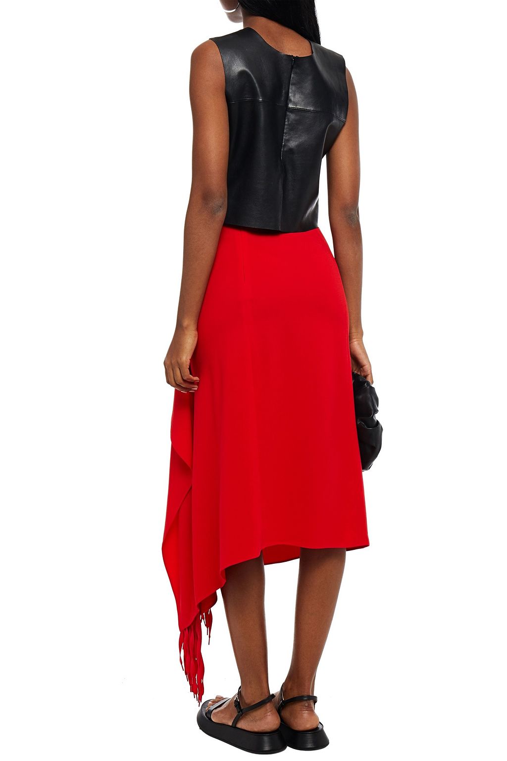 TIBI Draped fringed crepe midi skirt