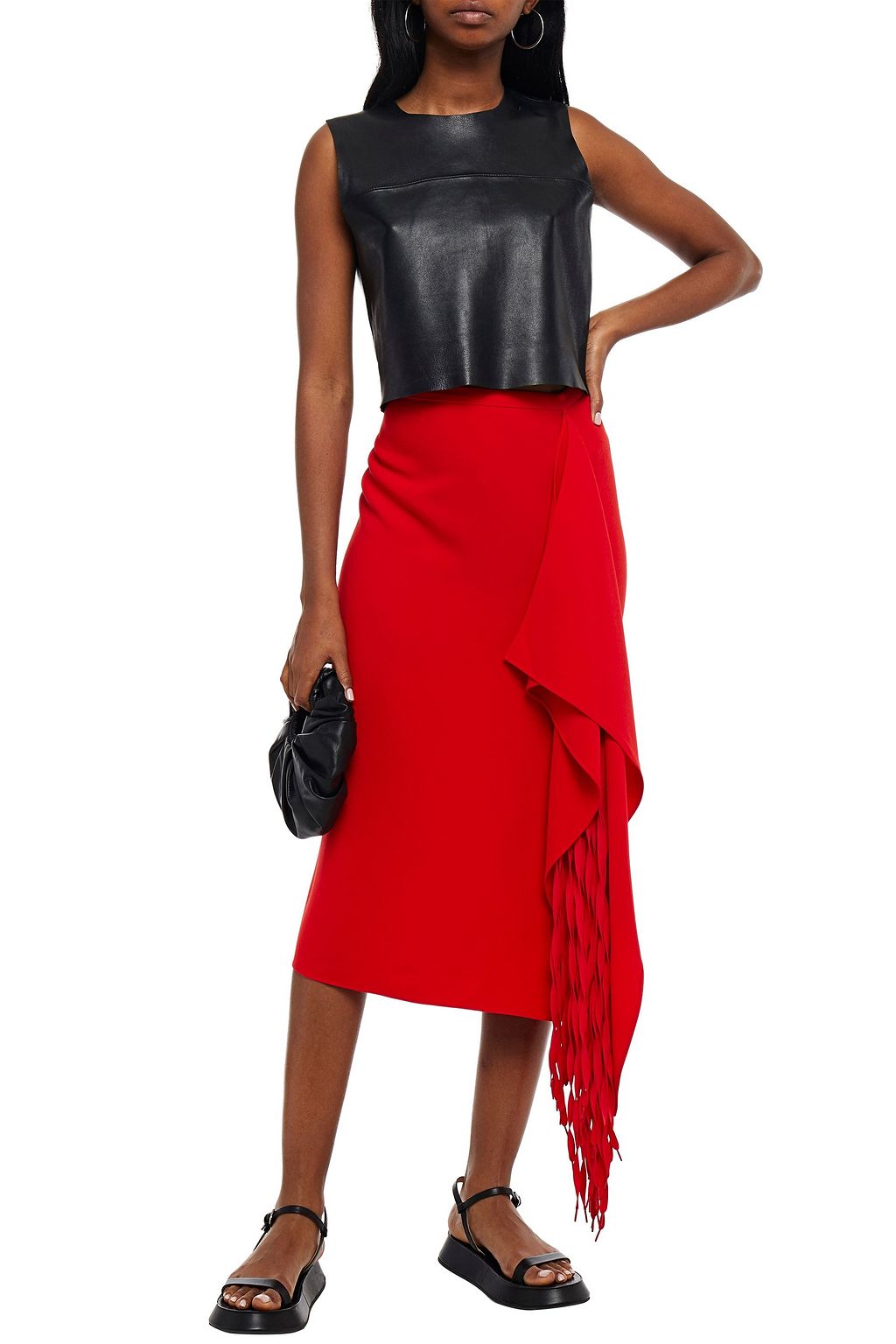 TIBI Draped fringed crepe midi skirt