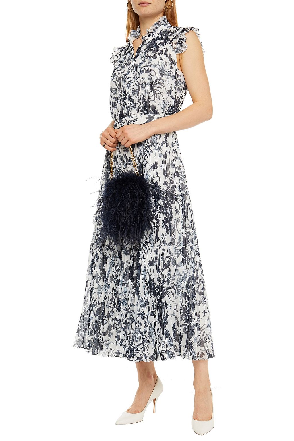 ERDEM Roisin ruffled pleated floral-print voile midi dress