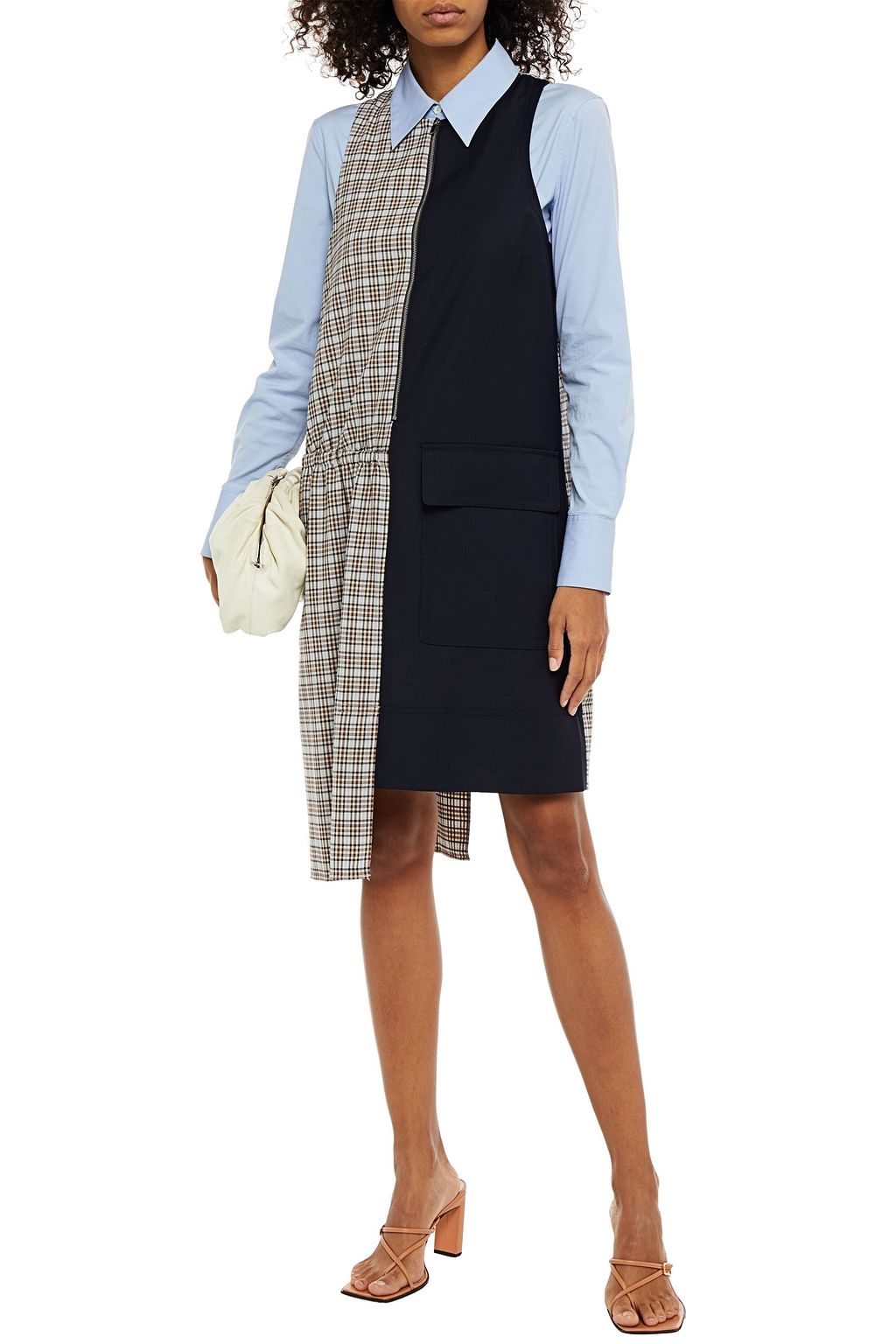 TIBI Asymmetric paneled checked twill and woven mini dress