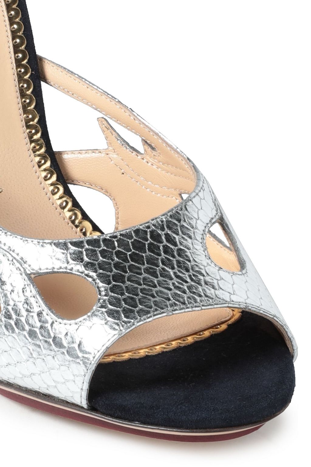 CHARLOTTE OLYMPIA Metallic snake-effect leather and suede mules