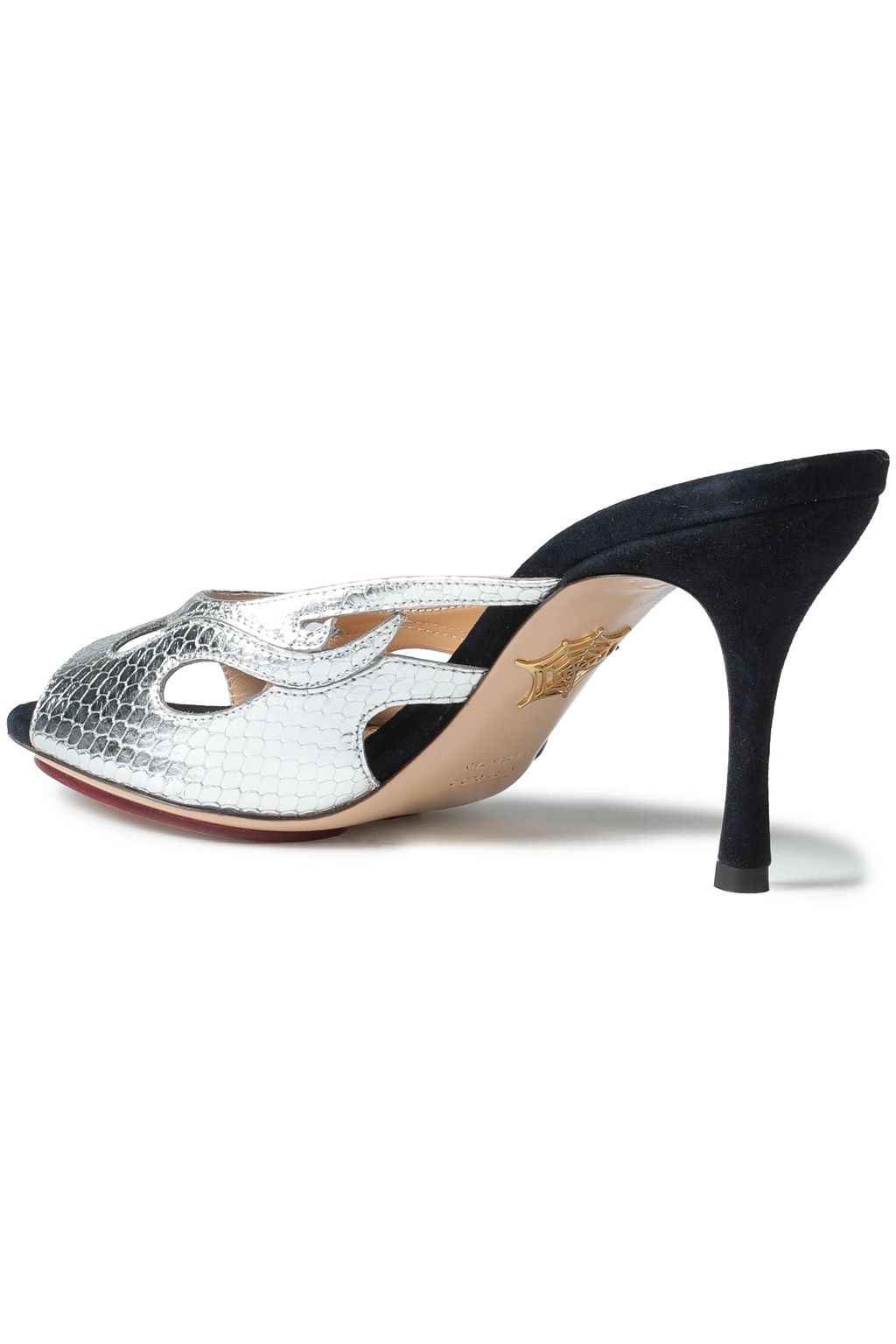 CHARLOTTE OLYMPIA Metallic snake-effect leather and suede mules