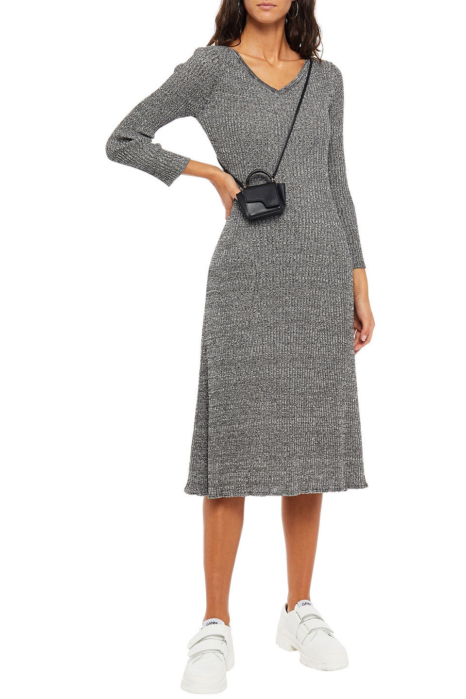 Alexa Chung Metallic Mélange Ribbed-knit Midi Dress In Grey