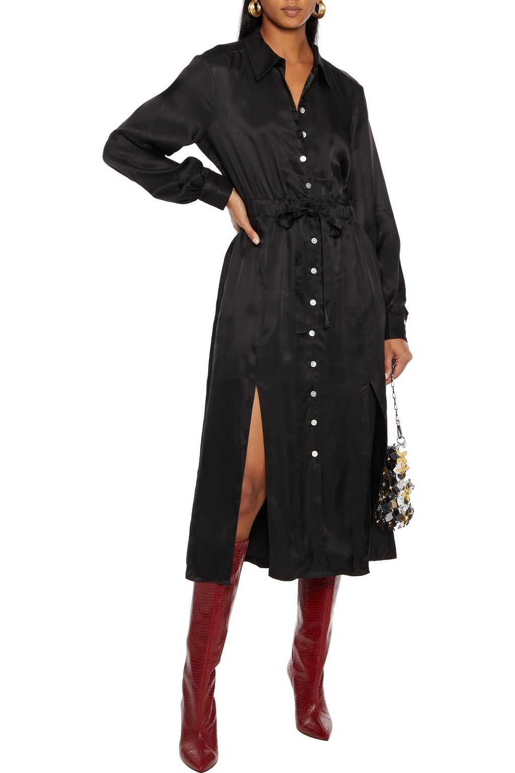 CINQ À SEPT Joyce cupro satin-twill midi shirt dress