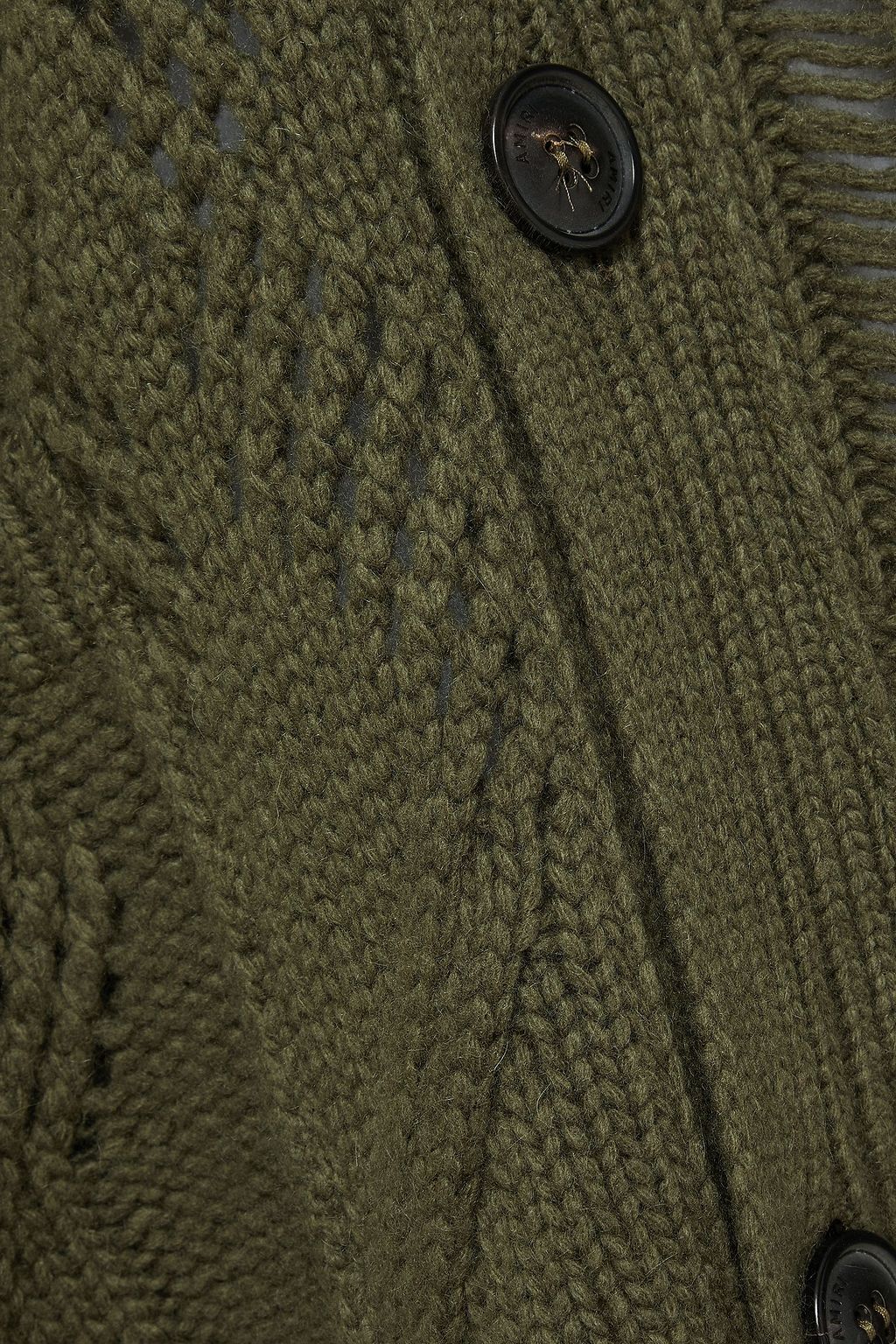 AMIRI Distressed cable-knit wool and cashmere-blend cardigan