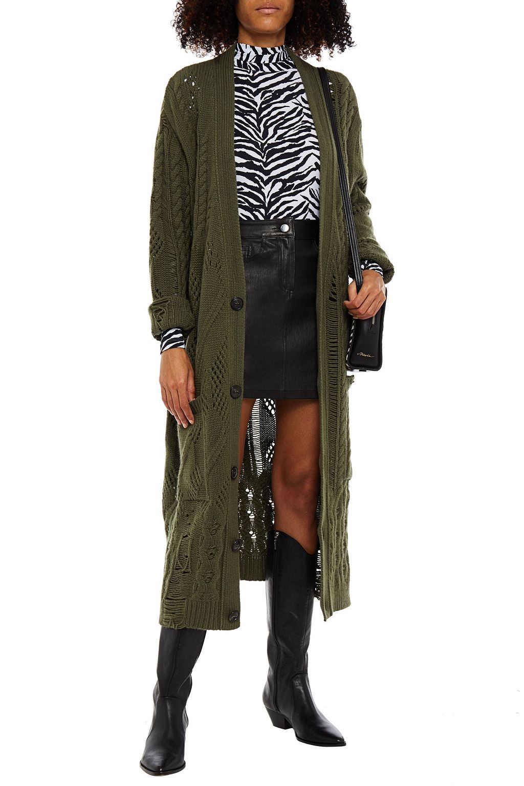 AMIRI Distressed cable-knit wool and cashmere-blend cardigan