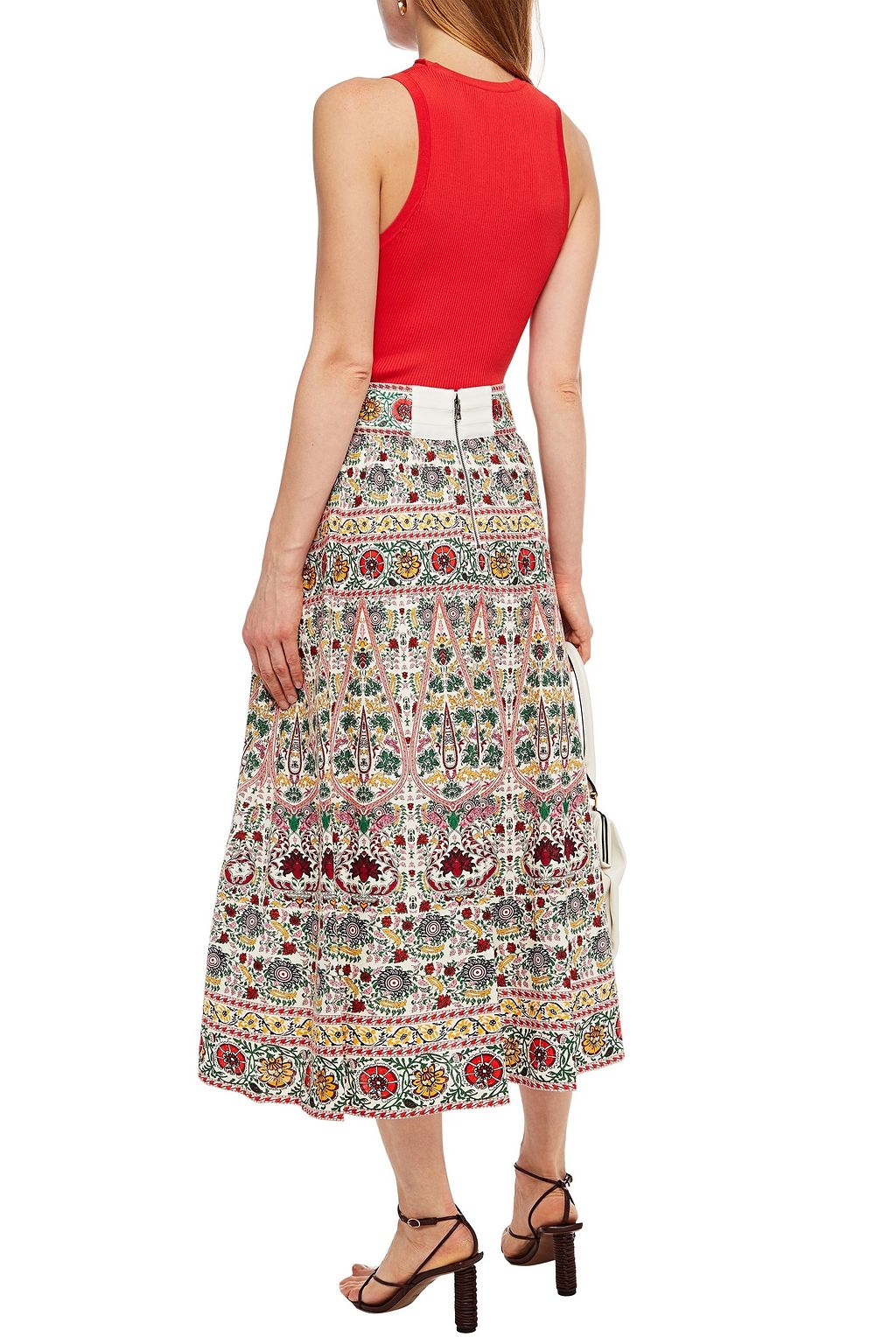ALICE + OLIVIA Embroidered printed linen-blend midi skirt