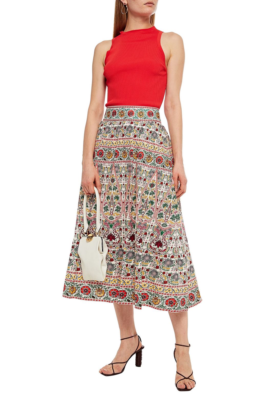 ALICE + OLIVIA Embroidered printed linen-blend midi skirt