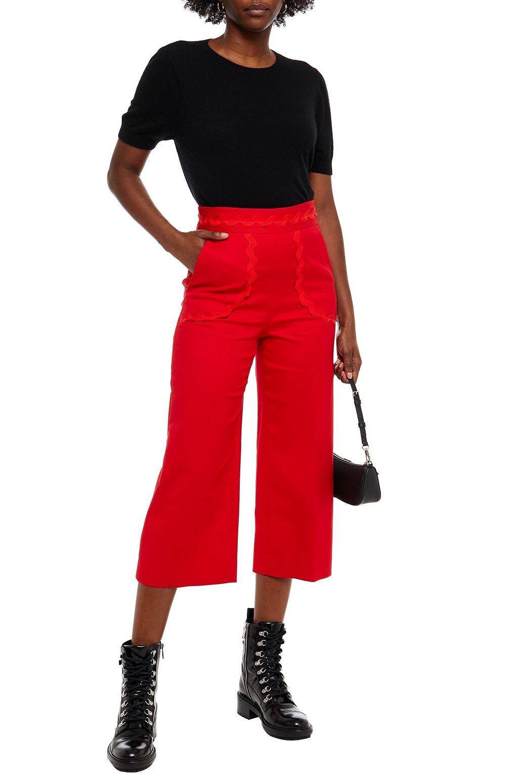 REDVALENTINO Cropped rickrack-trimmed cotton-blend wide-leg pants