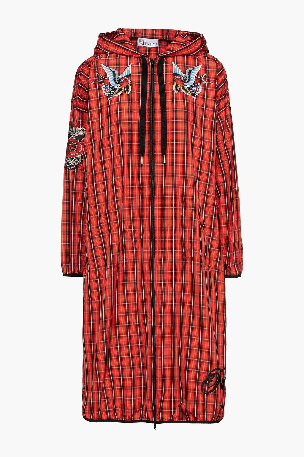 Red Embroidered checked shell hooded 