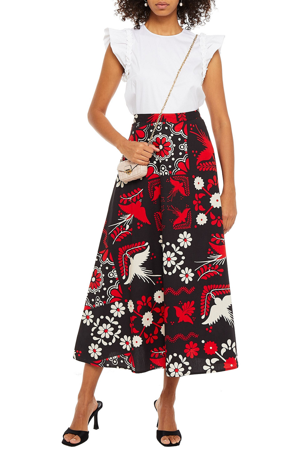 Red Valentino Printed Cotton-poplin Midi Skirt In Black