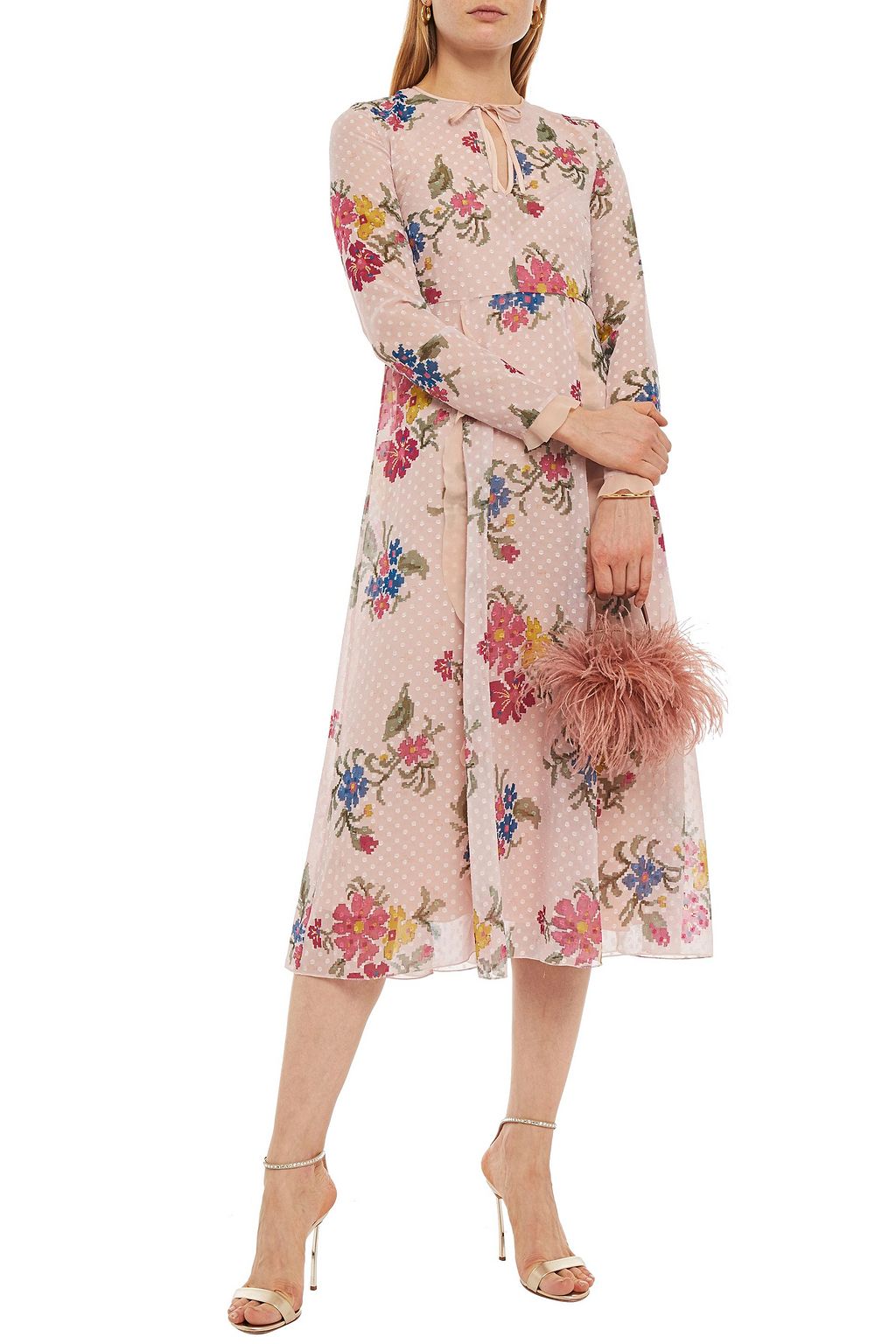 REDVALENTINO Ruffled floral-print fil coupé georgette midi dress