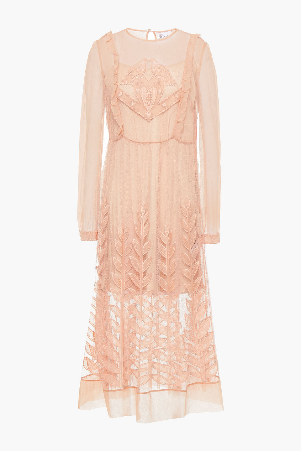 Redvalentino Woman Ruffle-trimmed Embroidered Silk Point D'esprit Midi Dress Blush Size 42