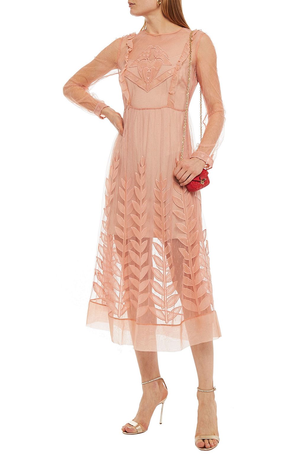 REDVALENTINO Ruffle-trimmed embroidered silk point d'esprit midi dress