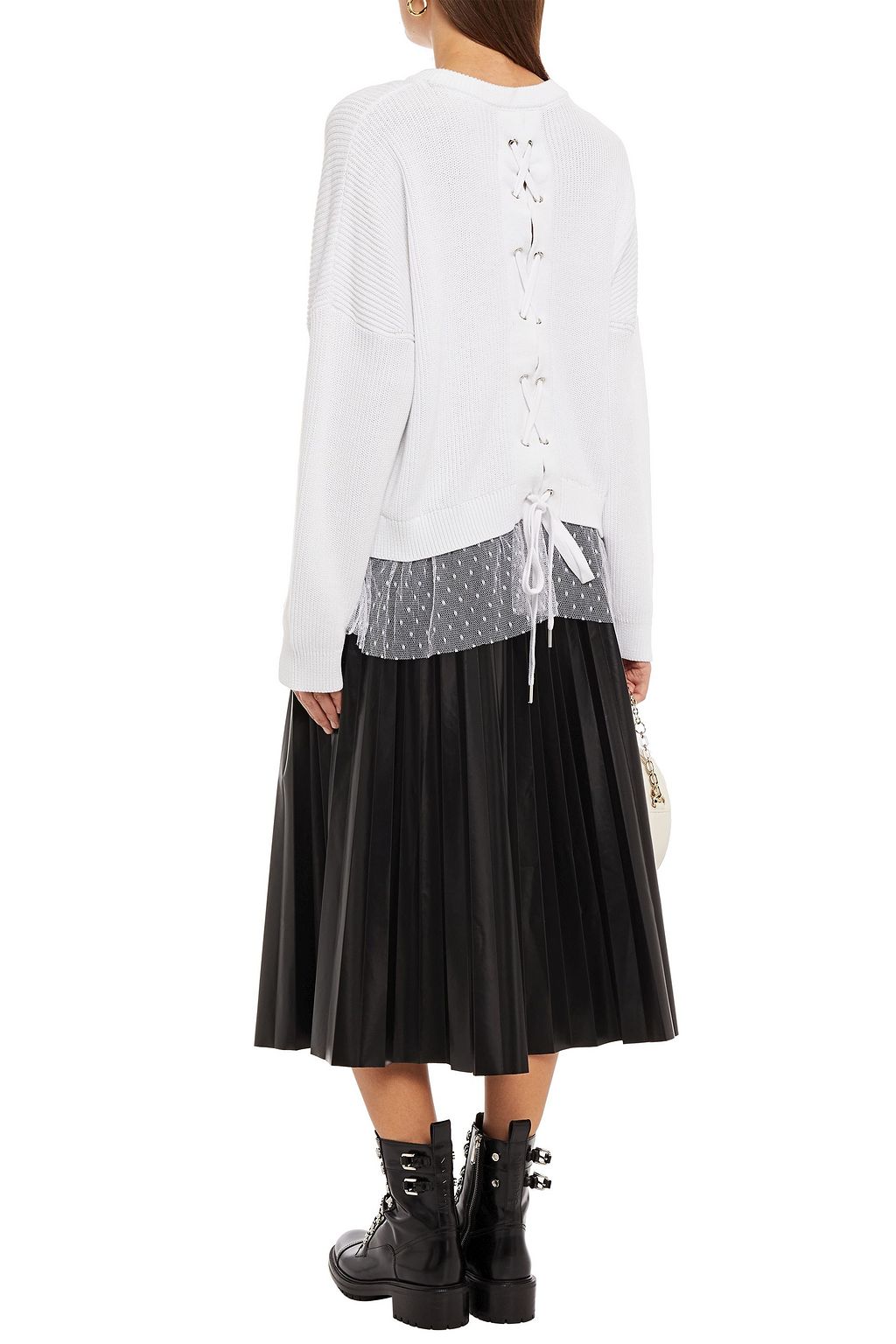 REDVALENTINO Point d'esprit-paneled lace-up ribbed cotton sweater