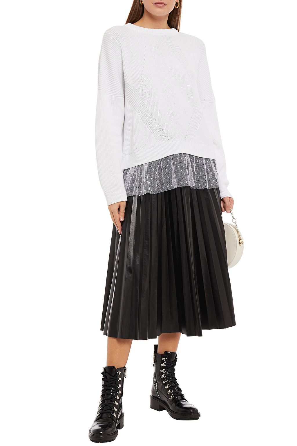 REDVALENTINO Point d'esprit-paneled lace-up ribbed cotton sweater