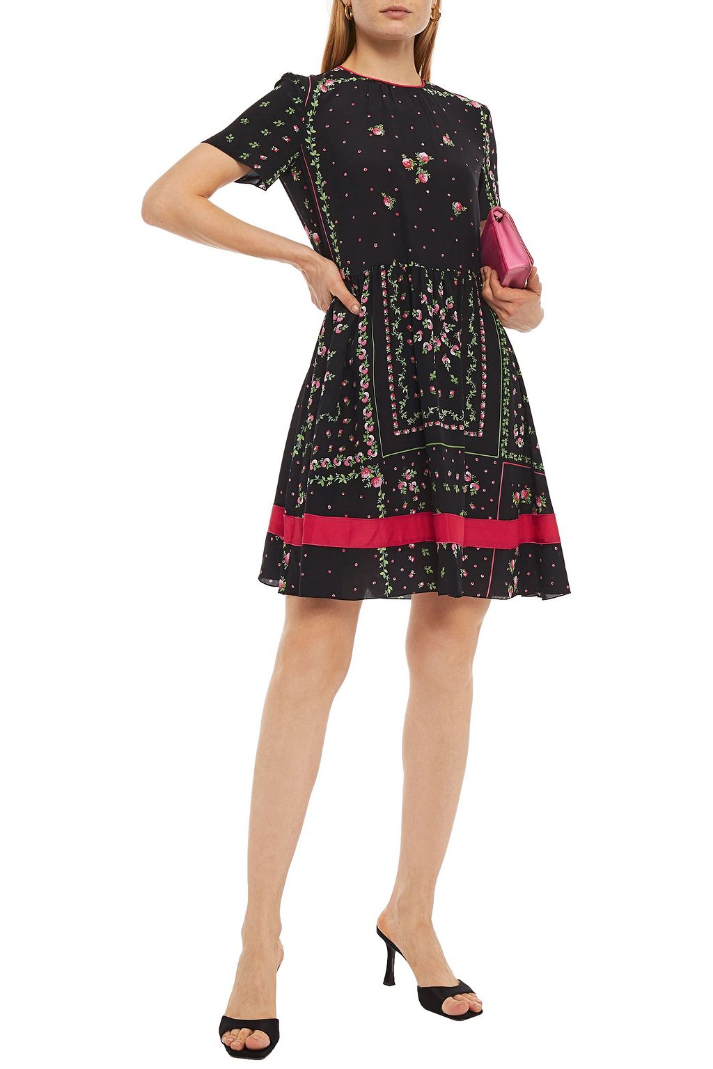 REDVALENTINO Gathered floral-print silk crepe de chine mini dress
