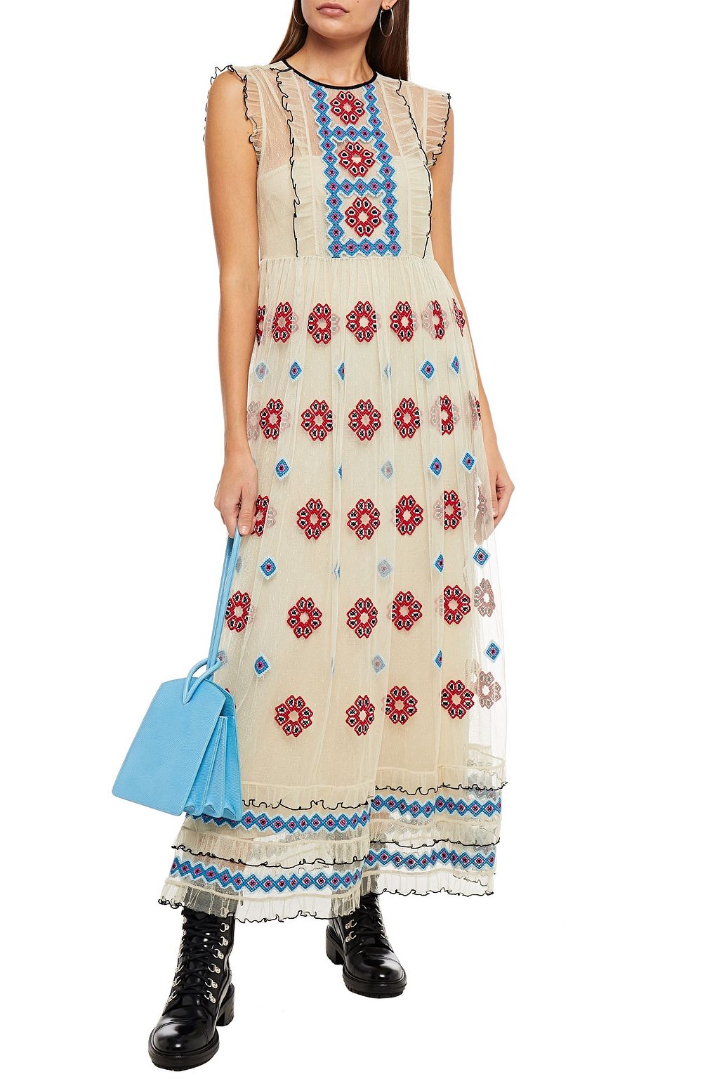 REDVALENTINO Ruffle-trimmed embroidered point d'esprit maxi dress