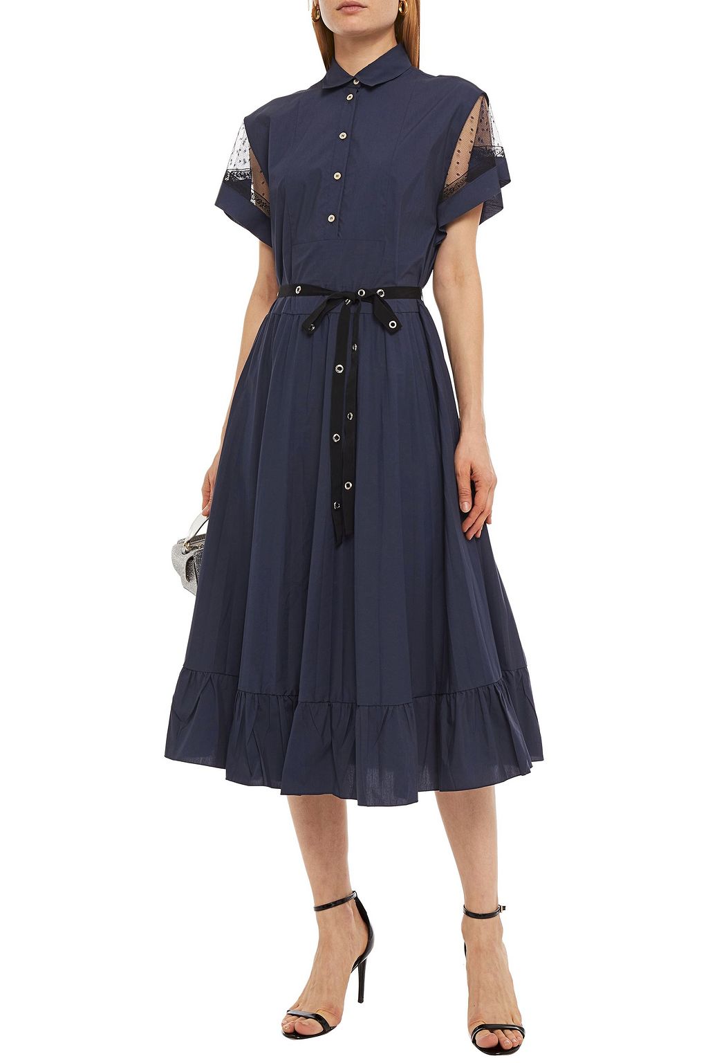 REDVALENTINO Point d'esprit-paneled pleated cotton-blend poplin midi shirt dress