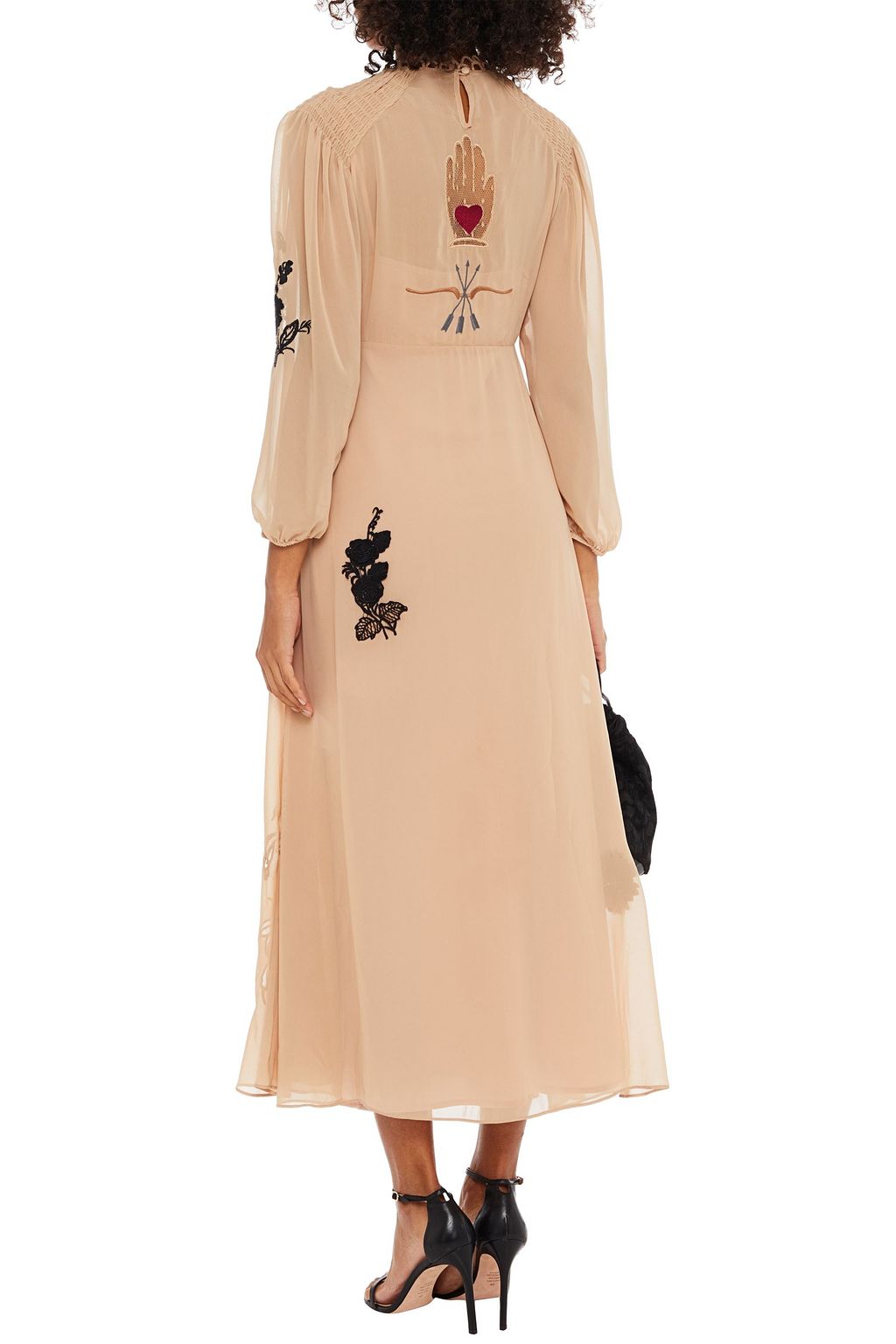 REDVALENTINO Appliquéd shirred chiffon midi dress