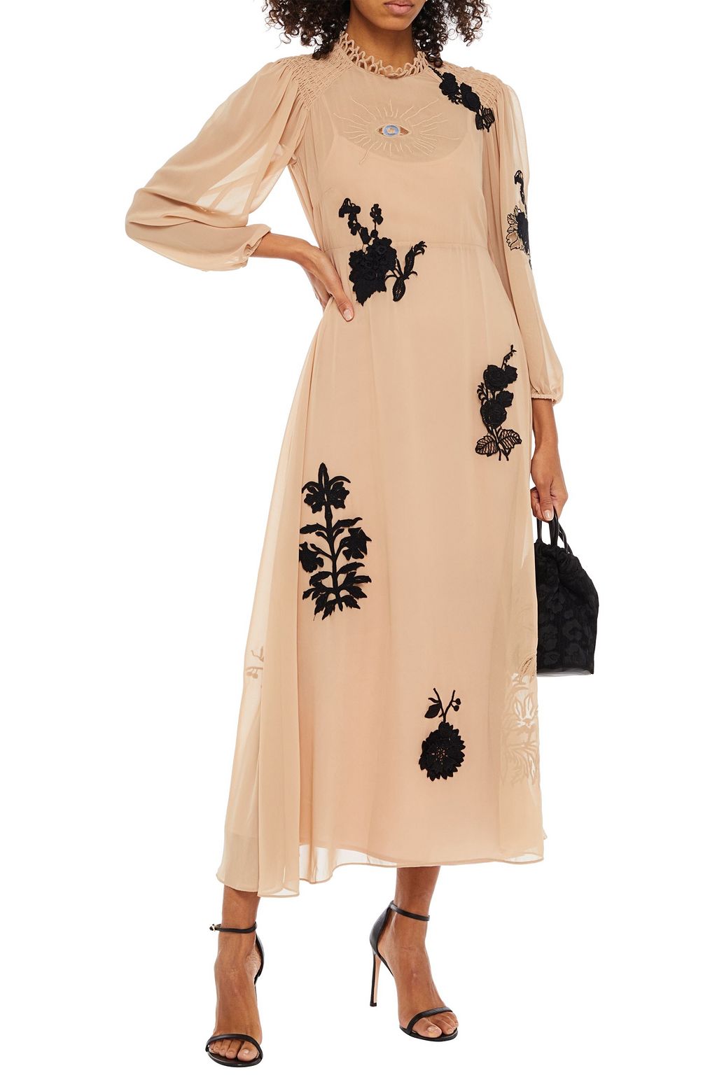 REDVALENTINO Appliquéd shirred chiffon midi dress