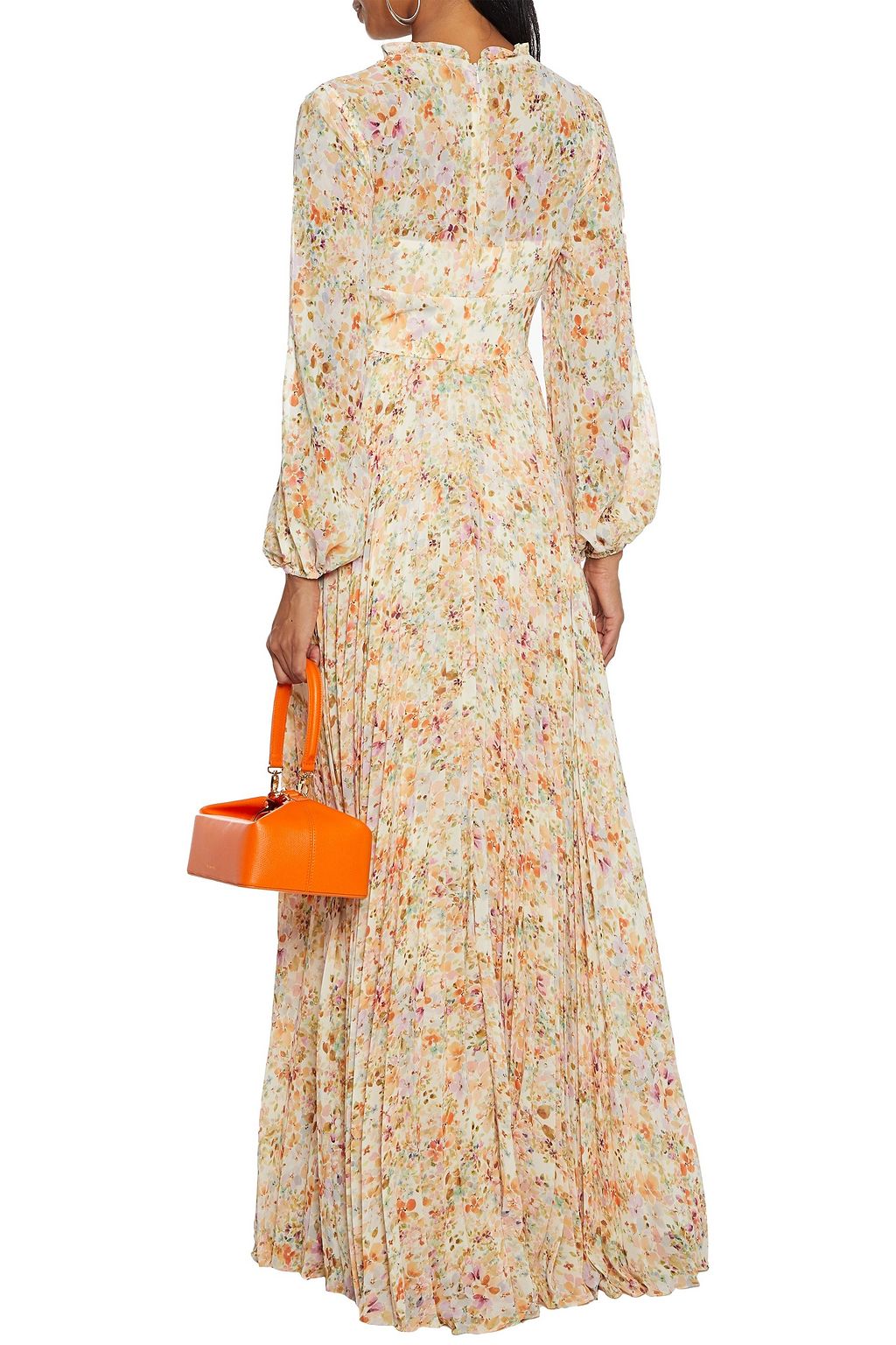 ML MONIQUE LHUILLIER Pleated floral-print crepe de chine maxi dress