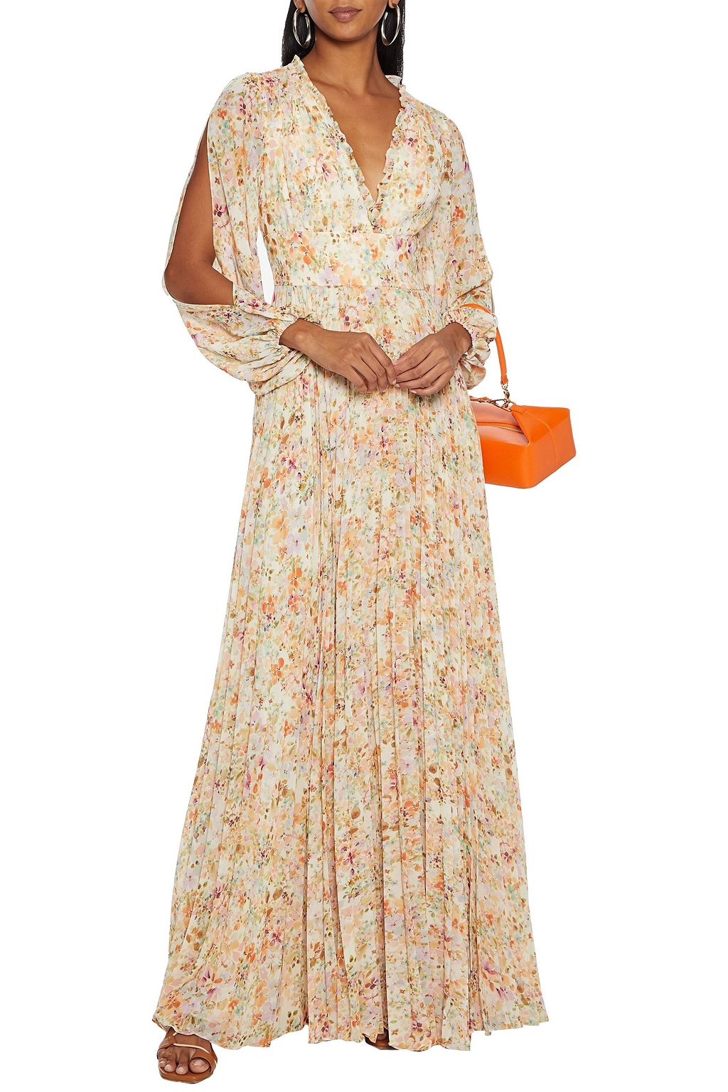 ML MONIQUE LHUILLIER Pleated floral-print crepe de chine maxi dress