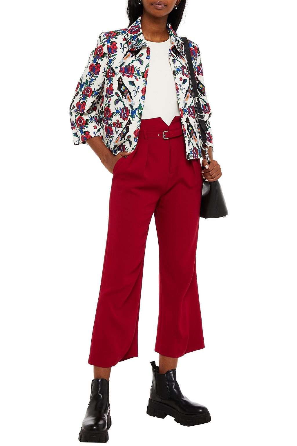 REDVALENTINO Cropped belted pleated crepe wide-leg pants