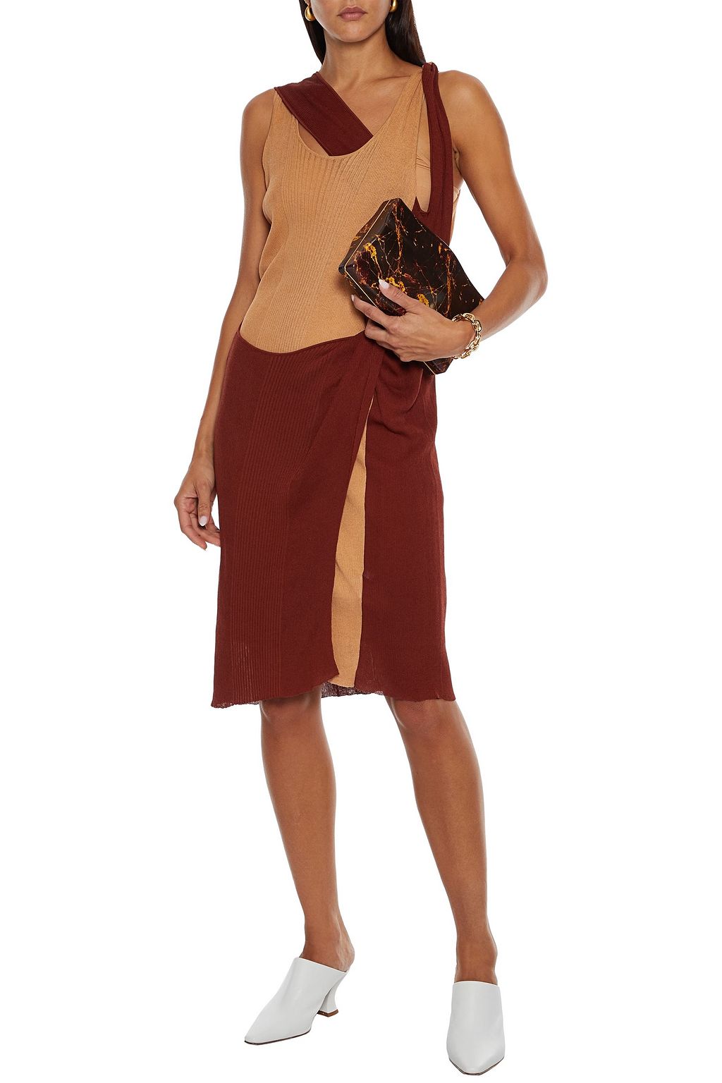 BOTTEGA VENETA Layered two-tone ribbed cotton and silk-blend dress