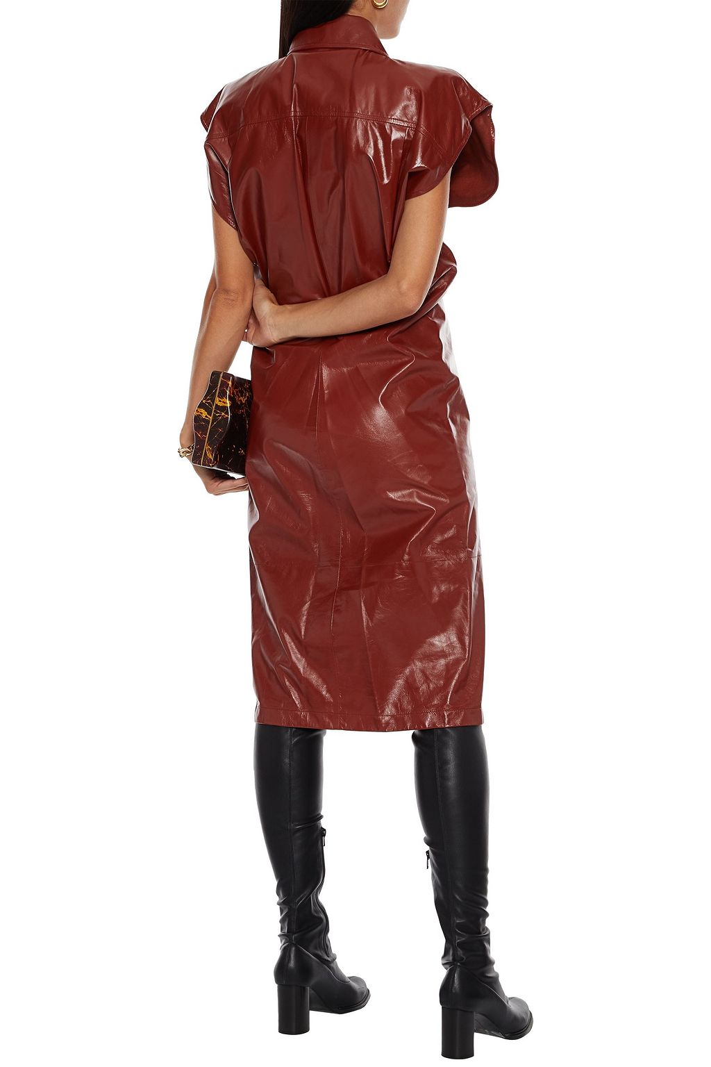 BOTTEGA VENETA Cutout gathered glossed-leather midi shirt dress