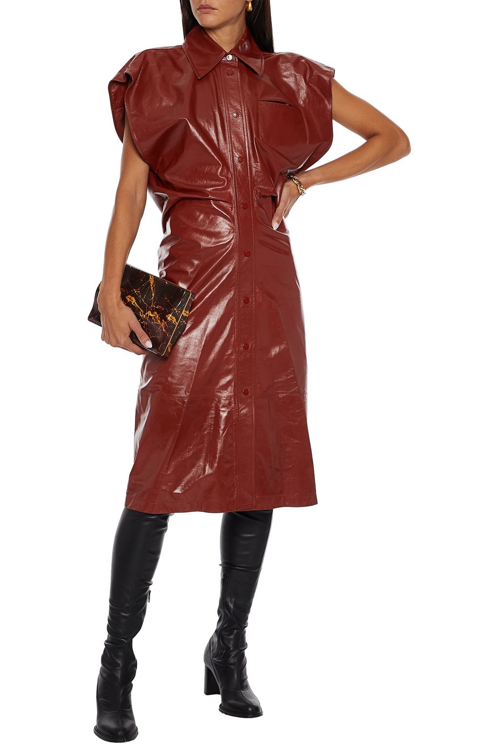 BOTTEGA VENETA Cutout gathered glossed-leather midi shirt dress