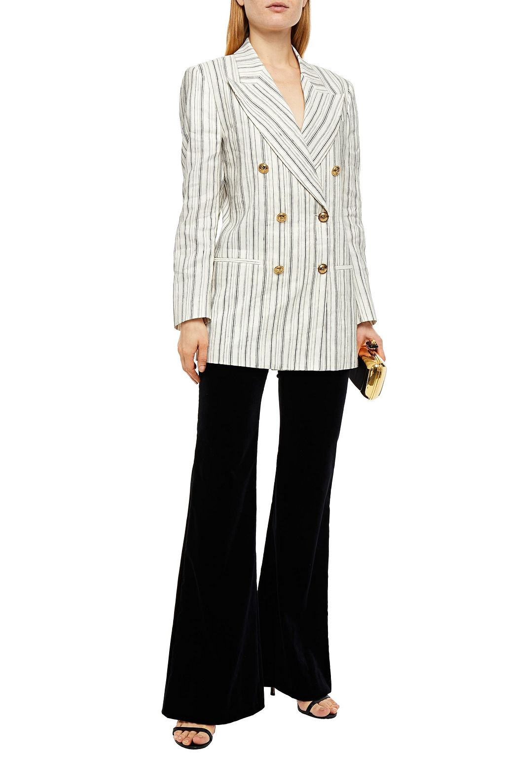 DUNDAS Double-breasted metallic striped linen-blend blazer