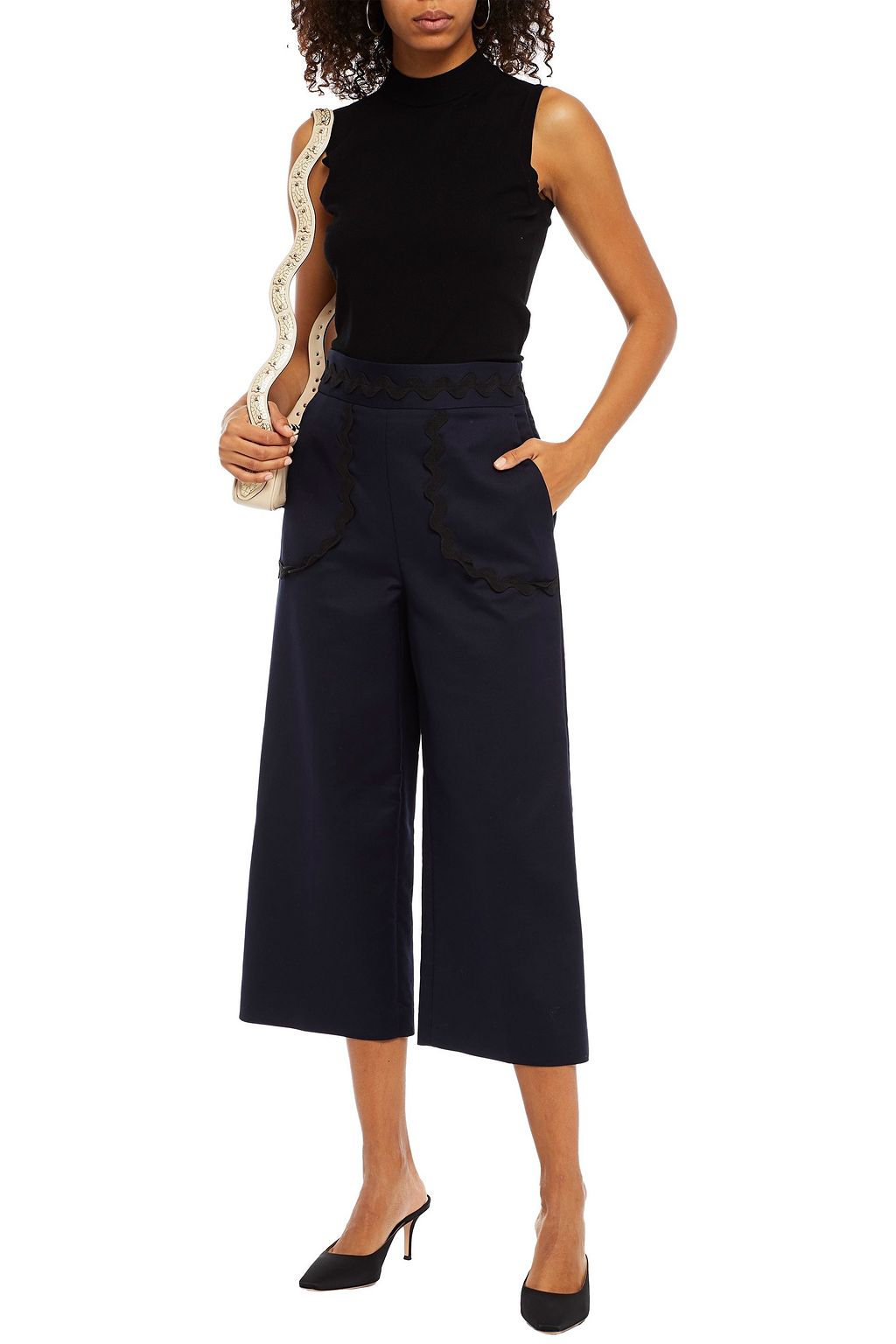 REDVALENTINO Cropped rickrack-trimmed cotton-blend wide-leg pants
