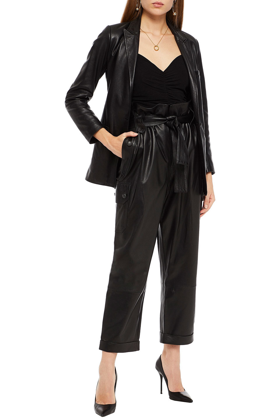 Dundas Cropped Belted Leather Tapered Trousers In Black