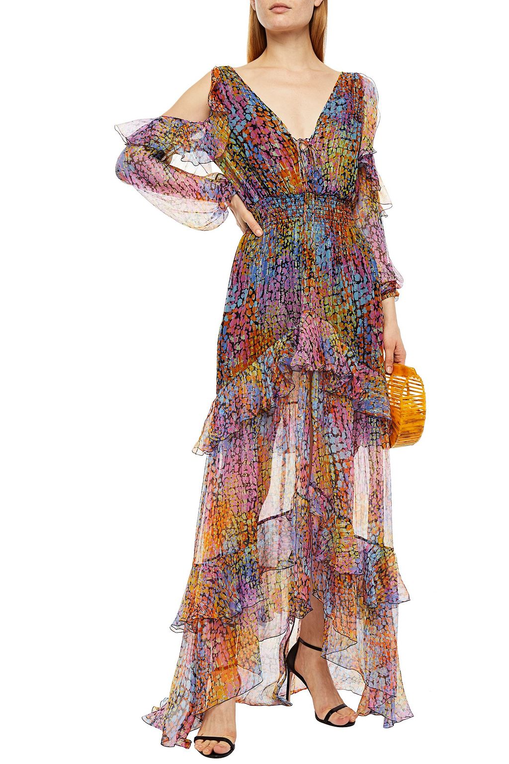 DUNDAS Cold-shoulder shirred printed silk-blend georgette maxi dress