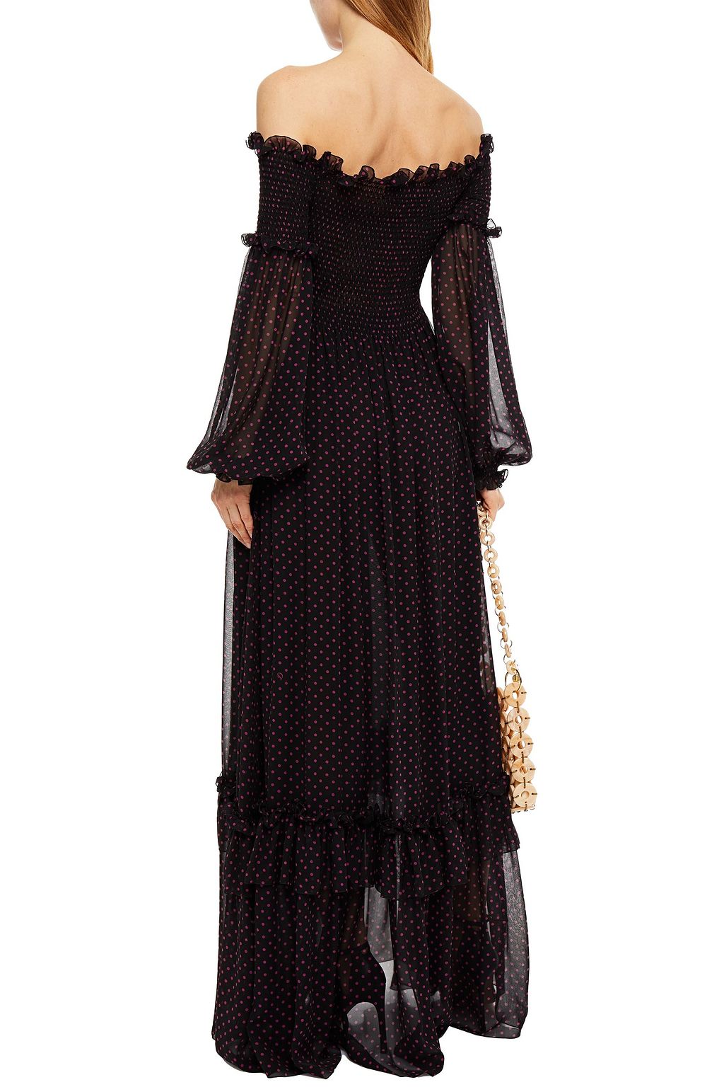 DUNDAS Sage off-the-shoulder shirred polka-dot silk-chiffon maxi dress