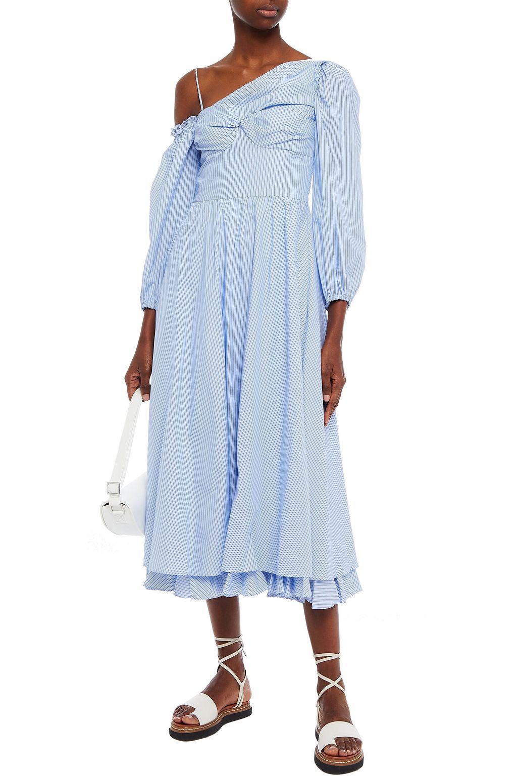 ALEXACHUNG Off-the-shoulder twist-front striped cotton midi dress