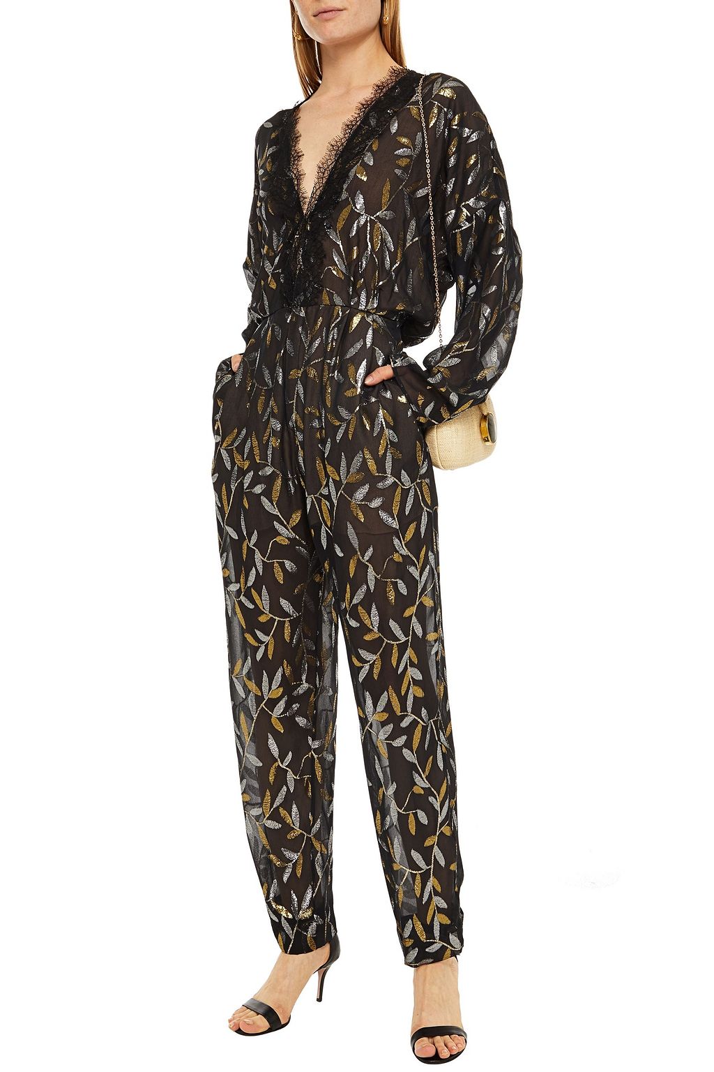 DUNDAS Pleated metallic fil coupé silk-blend georgette jumpsuit