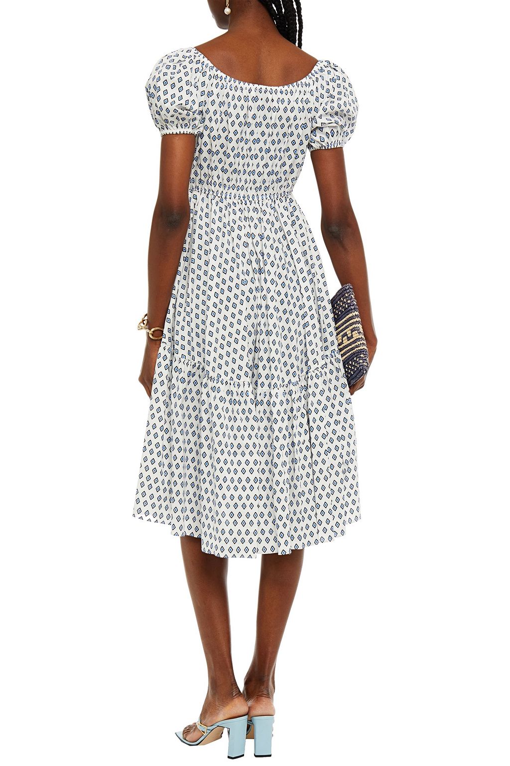 CAROLINE CONSTAS Bardot gathered printed cotton-blend dress