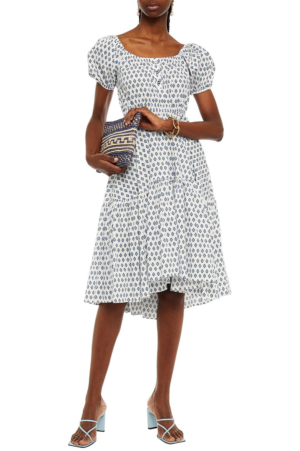 CAROLINE CONSTAS Bardot gathered printed cotton-blend dress