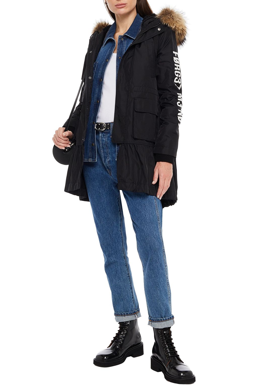 REDVALENTINO Faux fur-trimmed printed cotton coat